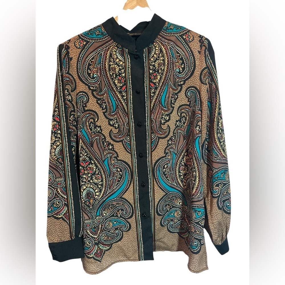BOB MACKIE Vtg Mandarin Collar Paisley Print SM Button Front Blouse Multi Color